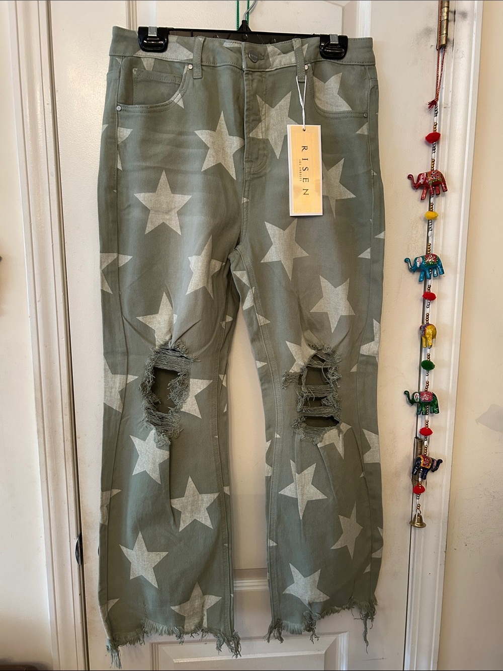 Risen Olive Star Print Straight Leg Jeans